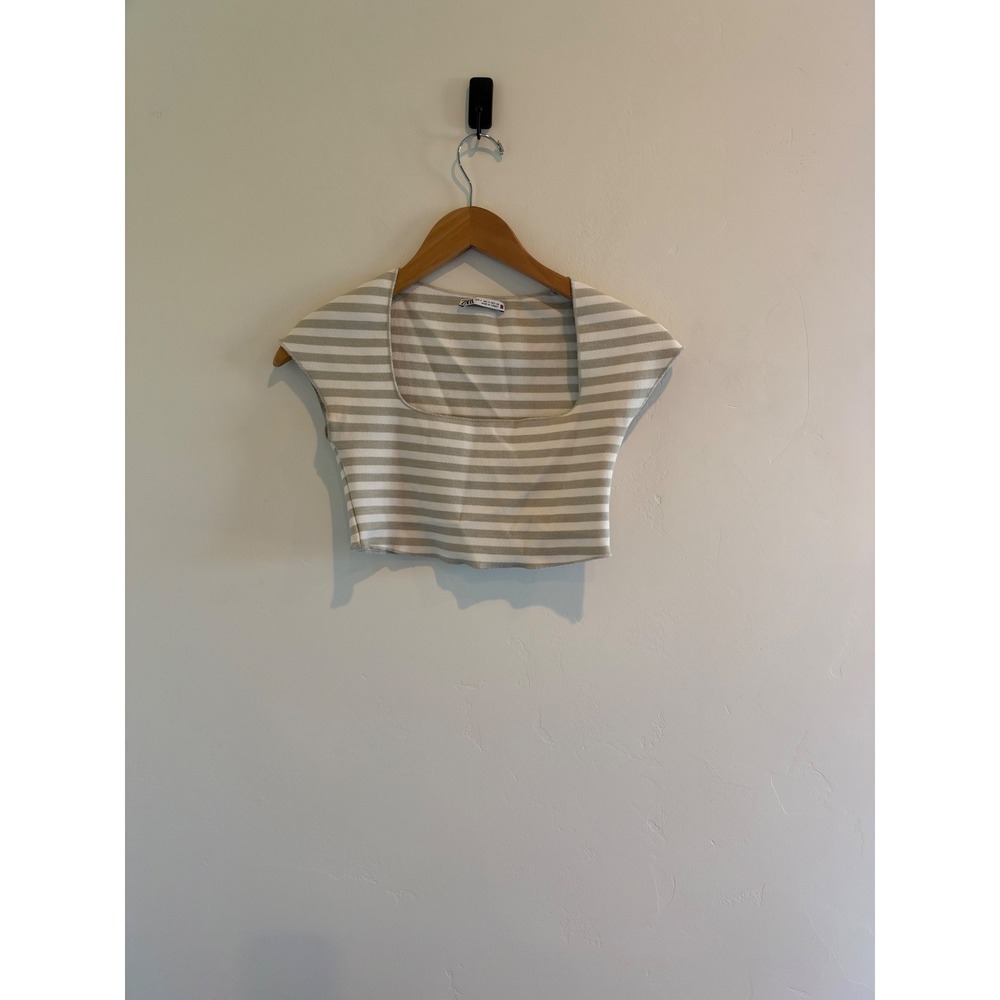 Zara Womens Beige White Striped Knit Square Neck Crop Top Short Sleeve Small